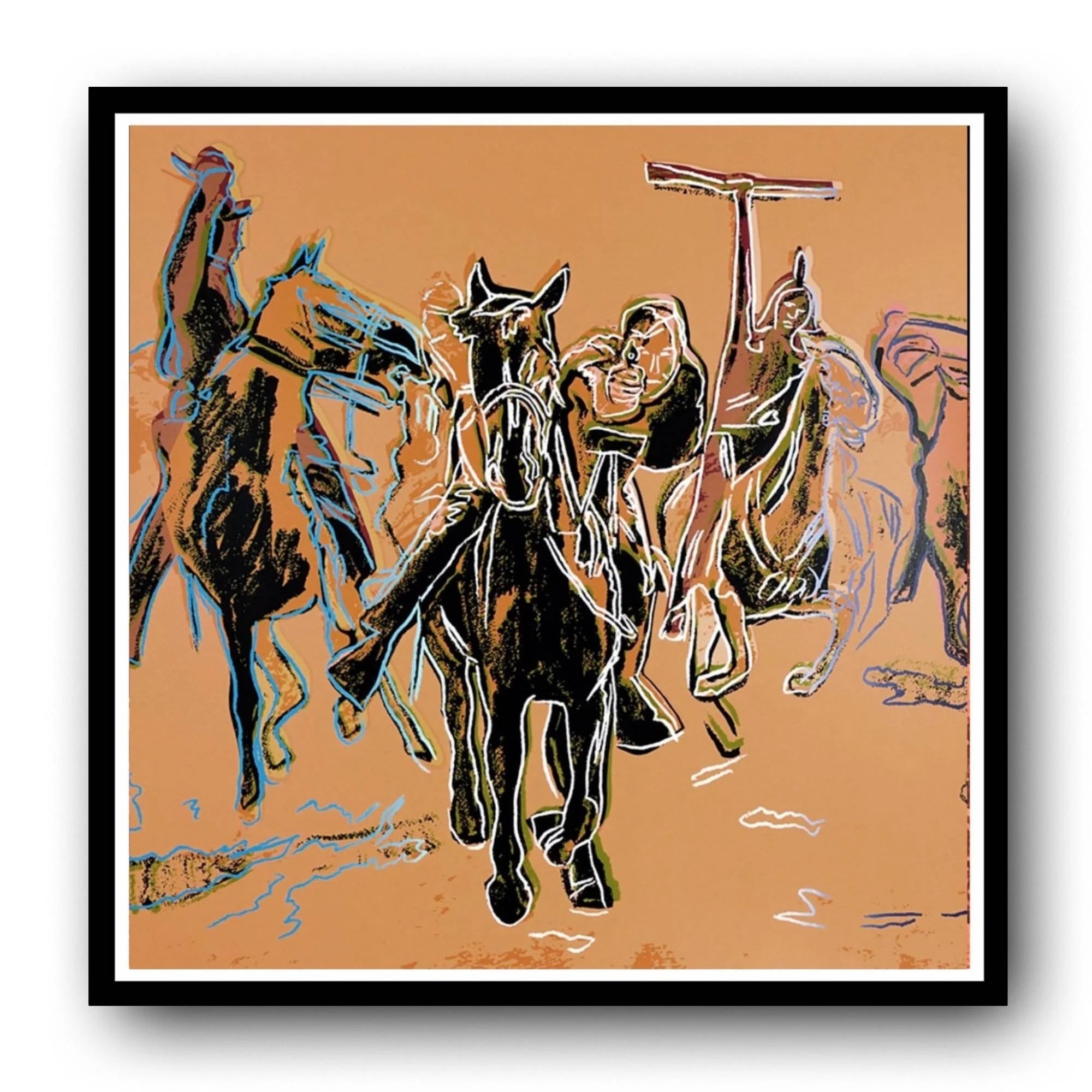 Framed artwork of a stylized horse and rider on an orange background